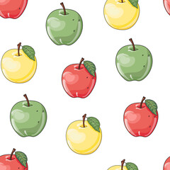 Vector hand drawn seamless pattern with fresh red, green and yellow apple fruits isolated on white background. Graphic texture for package, label, wrapping paper, cards, print, banner, advertising.
