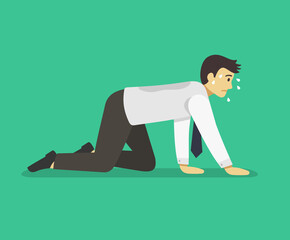 Young manager or businessman crawling. Tired and sweaty male character. Side view. Flat vector illustration.