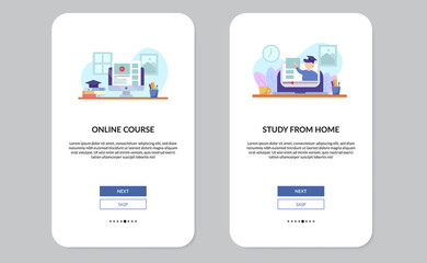 set illustration of study at home concept. tutorial education online course and webinar and video tutorial. computer and laptop screen on the desk.