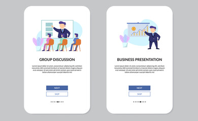 set of businessman presentation and discussion concept for explaining project and meeting, video conference, online meeting.