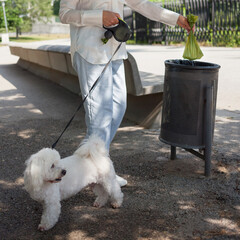 A woman throws away a bag of her dog's excrement.