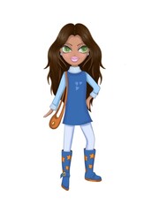 Girl character with a small bag.Girl with long hair and a blue dress.Brunette girl.