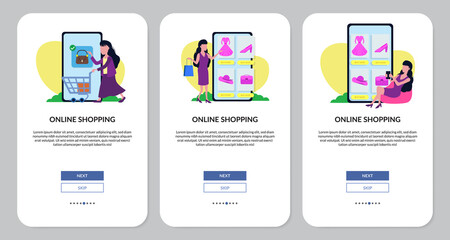 Set of illustration of young woman using e-commerce app for online shopping for fashion.