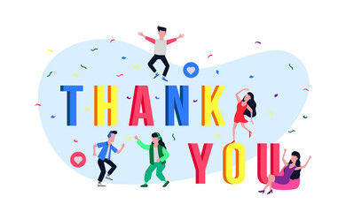 Colorful Thanks you text sign. Design for banner, presentation, flyer. social media account congratulation. happy joy concept with jumping people with colorful confetti.