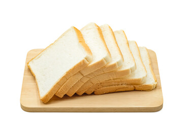Slice bread on choping board placed on white background.