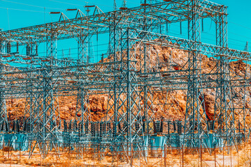 Fototapeta na wymiar Substation and Power Transmission Lines in american desert.