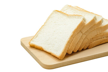Close-up of slice bread on wooden board placed on white background.