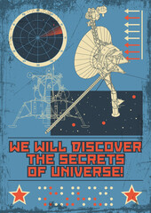 Space Engineering Blueprint Drawings Style Space Program Propaganda Poster, Satellite, Radar, Grunge Texture Frame 