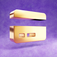 Credit card icon. Gold glossy Credit card symbol isolated on violet velvet background. Modern icon for website, social media, presentation, design template element. 3D render.