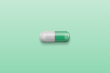 Vector Realistic 3d Green, White Medical Pill Closeup Isolated on Green Background. Design Template for Graphics, Banners. Female Health Concept. Women s Health Care, Vitamins, Supplements. Top View