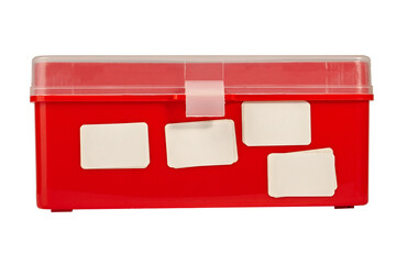 Square plastic red box with a transparent lid and a place for inscription on a white background.