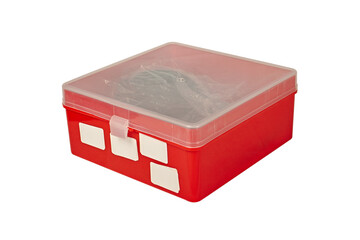 Square plastic red box with a transparent lid and a place for inscription on a white background.