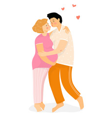 Pregnant woman and man hugging and kissing at home wearing pajama, young and happy future parents holding baby bump in love. Vector flat hand drawn design.