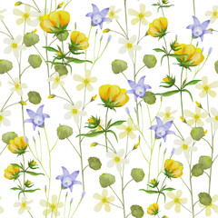 Wild flowers seamless pattern on a white background