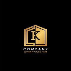 Golden House K letter logo, initial half negative space letter design for business, building and property style oncept