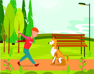 The child runs towards the dog. A child with a dog in the park. Flat vector illustration. The concept of a dog and a child.