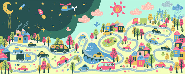 giant kind poster with city life - cars, school buses, roads, night and day, buildings, trees, flowers, bridge, river, lake, moon, sun, rail, clouds, sun - flat hand drawn vector illustration © TatsianaB