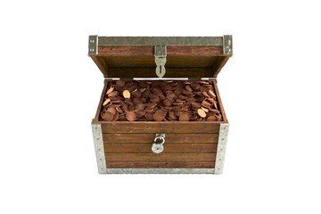 Wooden treasure chest filled with coins. 3D illustration