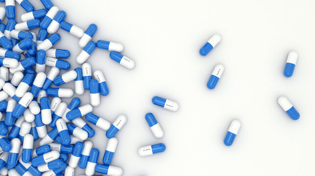 COVID-19 Medicine or Coronavirus Medicine. Capsule medicine for pandemic protection COVID-19, 3D illustration.	