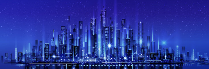 Naklejka premium Night city skyline with neon glow. Illustration with architecture, skyscrapers, megapolis, buildings, downtown.