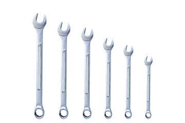 Set of various sizes chrome wrenches on isolated white