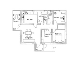 Blueprint suburban house ground floor. Black and White floor plan of a modern apartment.  Vector archtectural Illustration.