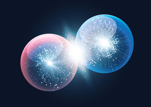 Two Particles Ready To Collide.Particles Collision In Hadron Collider. Astrophysics Concept.