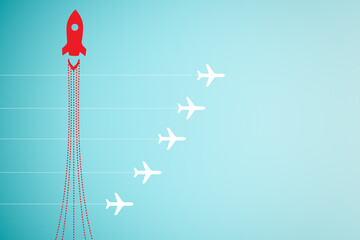 Red paper airplane across of line with white paper to change disrupt and finding new normal way on...