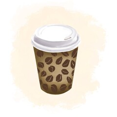 a paper cup for coffee, tea and other drinks with a plastic white lid, can be used to decorate menus, signs, logos, posters
