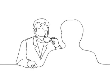 Two people are sitting at a table in an outdoor cafe and drinking tea / coffee. The silhouette of a man sitting with his back to us and the man opposite him dressed in a business suit holding a cup