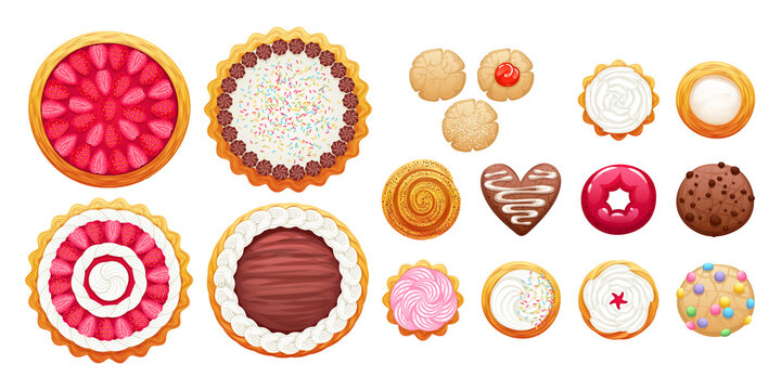Colorful pies, cakes and cookies icons set.