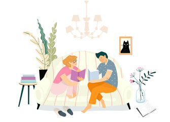 Young couple reading books on the couch in living room. Everyday life routine illustration, studying or relaxing leisure reading on the sofa at home interior. Vector hand drawn flat cartoon.
