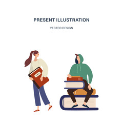 Students woman and man reading, learning and sitting on big books. Study in library. Literature fans or lovers, student, education concept, fair. Vector cartoon illustration.