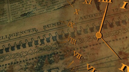 Clock Face With Moving Arrows on an old Newspaper. Loop. Copy space