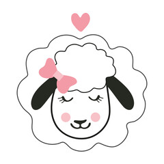 Vector image of a cute tender sheep. Smiling sheep with a bow on his ear. Illustration for printing on children's clothes, textiles, paper.