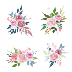 Set of wedding flowers arrangements with roses and leaves