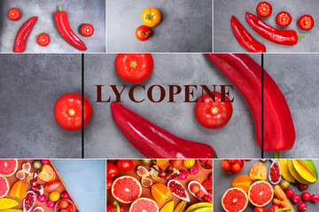 Collage of lycopene red carotenoid pigment in various food