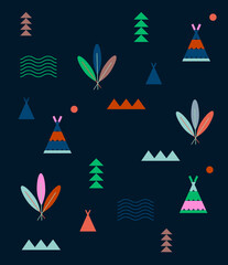Geometric minimal native American pattern, illustration. Stylized summer outdoors play camp, reservation design. Nature mountains forest,  outdoors adventure boho style with tee pee tent and feathers 