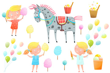 Cute little girls at fair with sweets, cotton candy, lollipops and pony. Carnival, fair and other entertainment for children clipart collection of objects. Vector cartoon in watercolor style for kids.