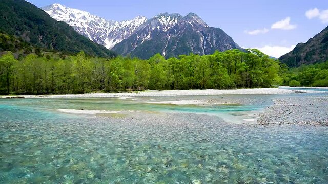 新緑の上高地　梓川の清流と北アルプス