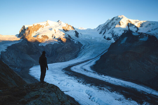 Enjoying the last sunlight on the Monte Rosa mountain massif. Gornergrat, Switzerland.
