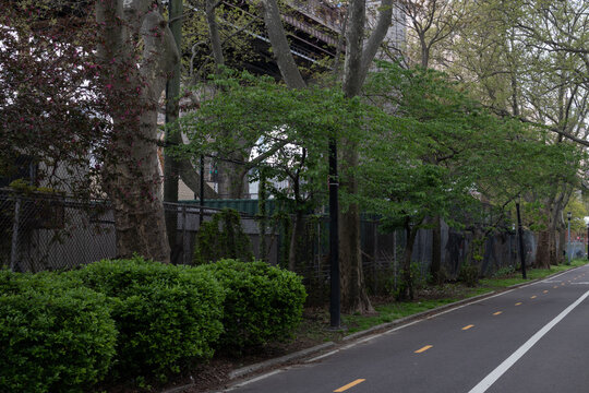 Empty Running Trail With Green Trees During Spring In Long Island City Queens New York