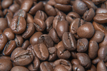 roasted black coffee beans closeup