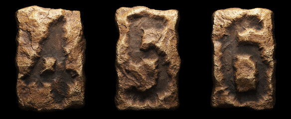Set of rocky numbers 4, 5, 6. Font of stone on black background. 3d