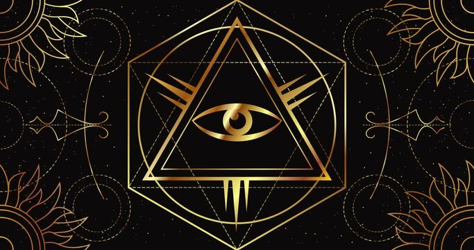 All-Seeing Eye Mystic Sign on a black background with a geometric golden pattern. The magical symbol of wealth. Looping animation.