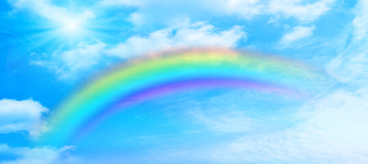 Rainbow background and sky with white clouds	
