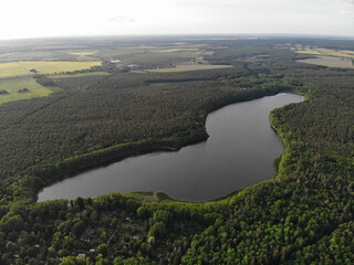Aerial view of lake F&auml;ngersee near Strausberg (Brandenburg). Surrounding villages are Hirschfelde, Altlandsberg and Petershagen-Eggersdorf. The lake is located in the catchment area of Strausberg