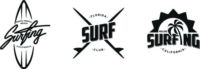 Set of vintage surfing graphics, logos, labels and emblems. Surf t-shirt design. - obrazy, fototapety, plakaty