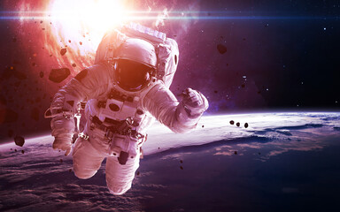 Fototapeta na wymiar Astronaut near the Earth. Science 3D illustration of space. Elements furnished by Nasa