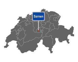 Landkarte der Schweiz mit Ortsschild von Sarnen